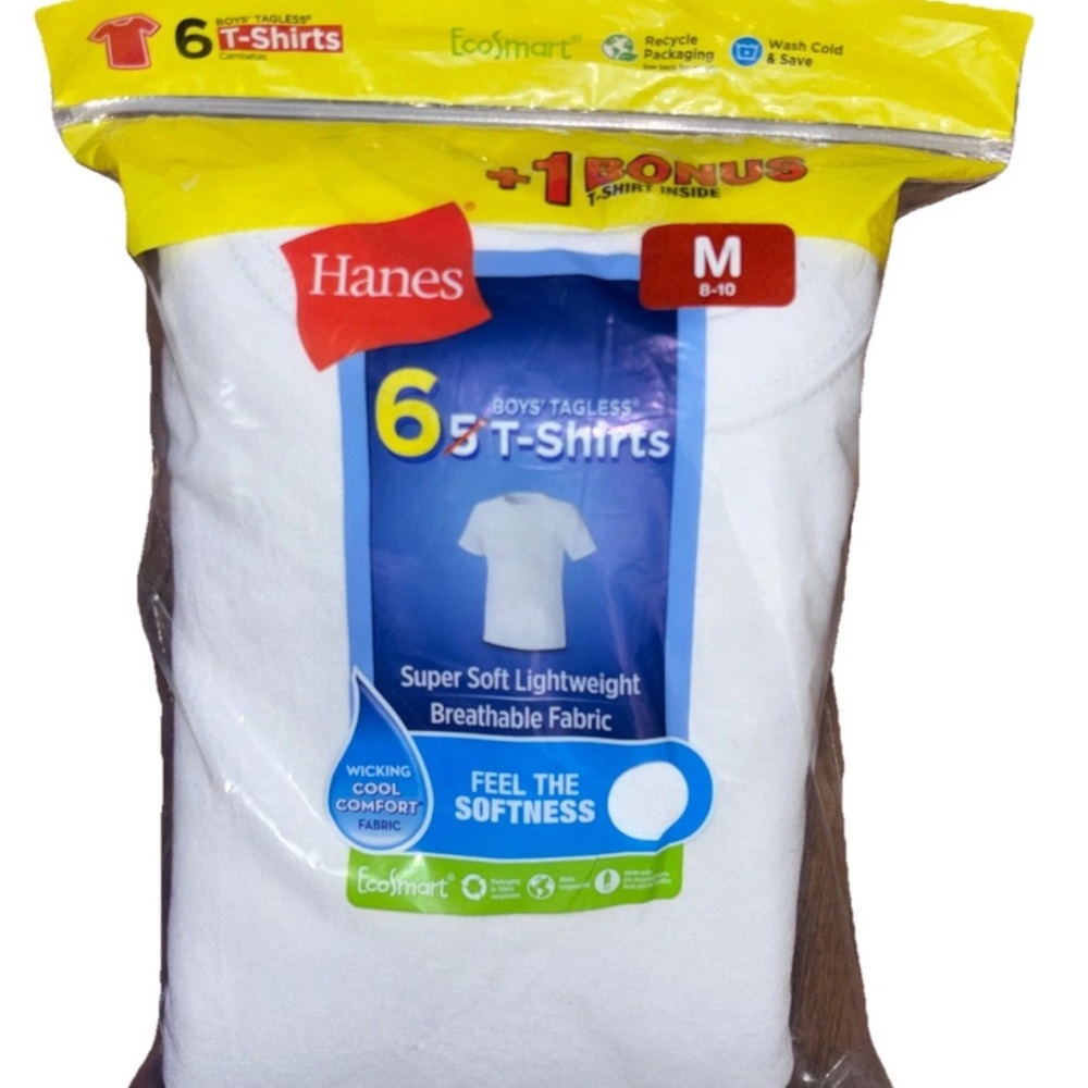 Hanes Shirt Boys Large 12-14 White Crewneck Tagless Lightweight 6  Pack EcoSmart